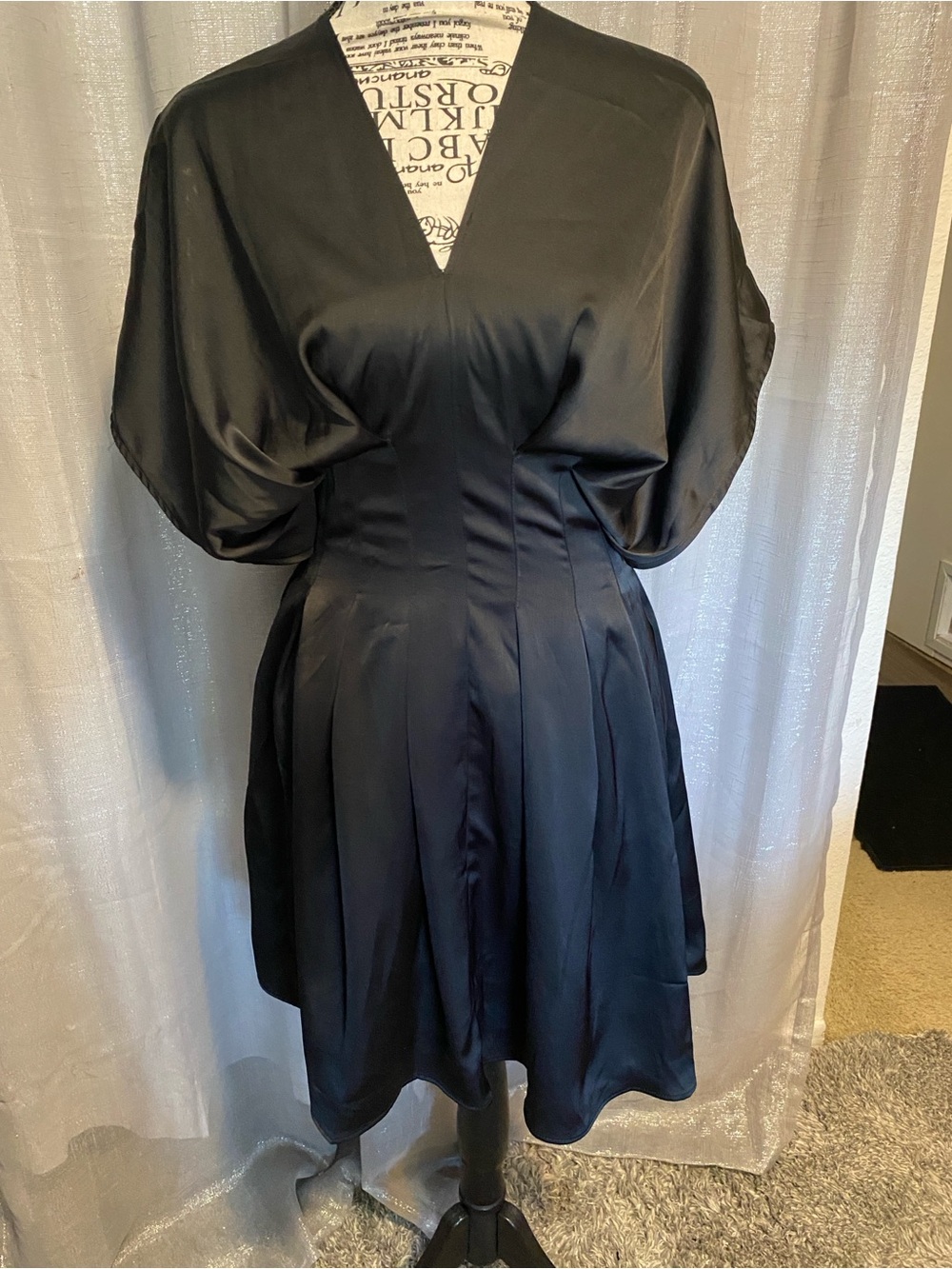 Black Satin V-Neck Short Sleeve Fit & Flare Mini Dress